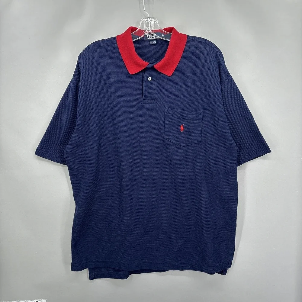 Vintage Polo Ralph Lauren Polo Shirt Mens XL Navy Red Collar Waffle Knit USA 90s